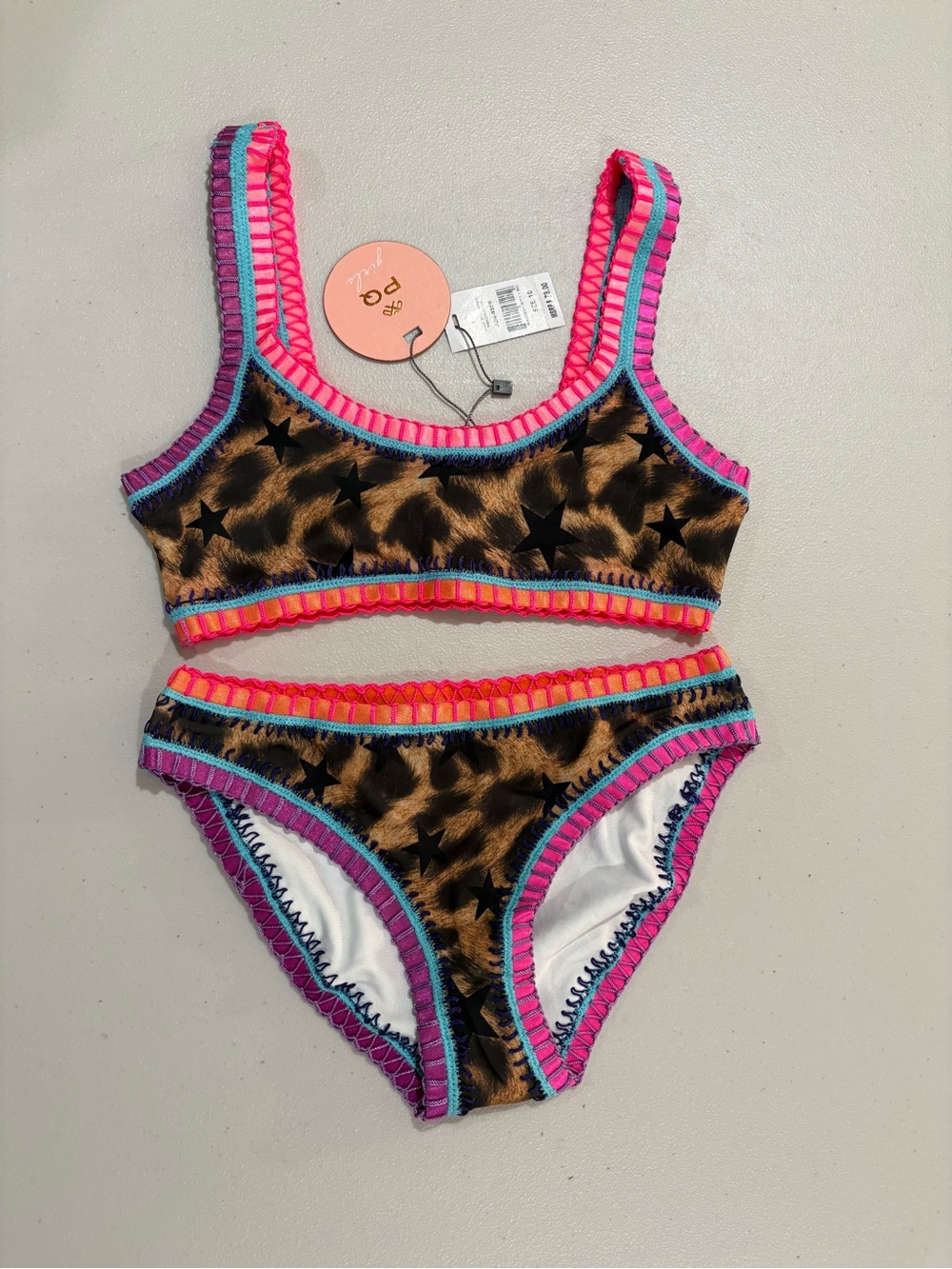 Pilyq Brown Star Print Girls Bikini with Pink & Blue Trim